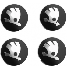 Наклейки на диск Шкода. Черные, металлические с серебристым значком 56 мм